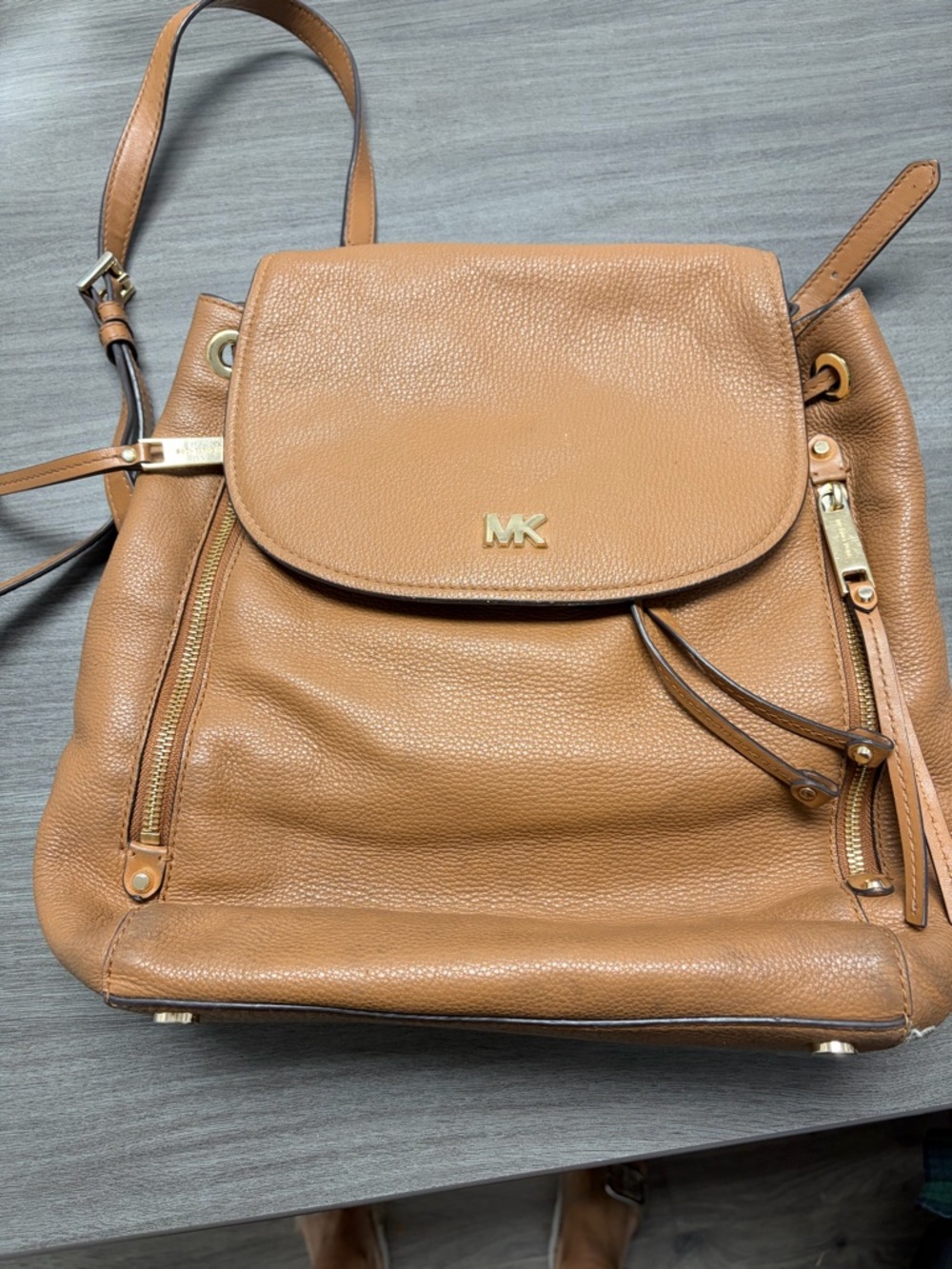 Michael Kors Cognac Pebbled Leather Drawstring Backpack